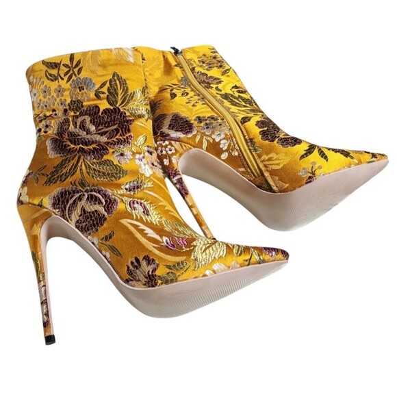 Satin Brocade Stiletto Ankle Boots Yellow Embroidered Size 6.5 EU Asian 235 - Picture 4 of 11
